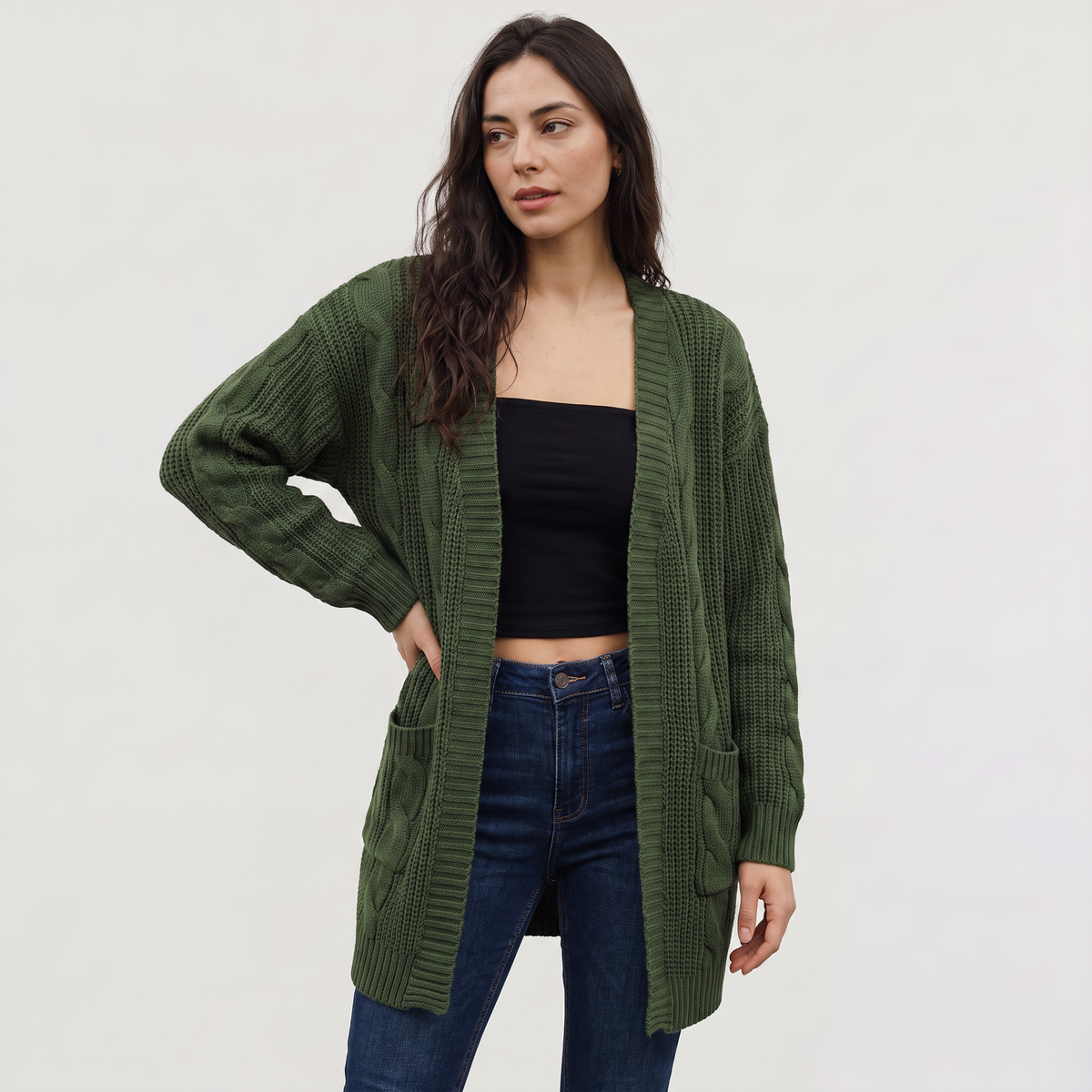 Cardigan long ouvert à torsades et manches chauve-souris — Amielle Paris — vue 10