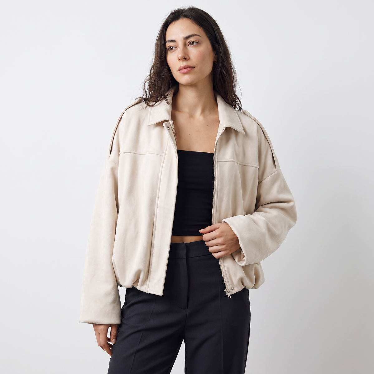 Blouson bomber ample effet daim à col rabattu — Amielle Paris — vue 8