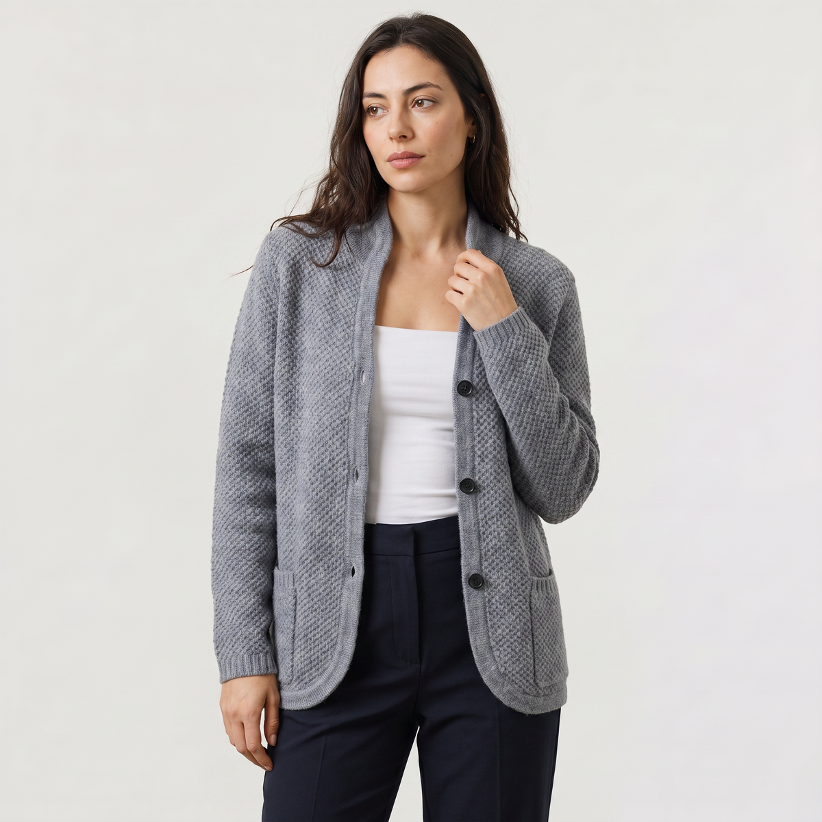 Cardigan texturé à col montant et boutons contrastés — Amielle Paris — vue 8