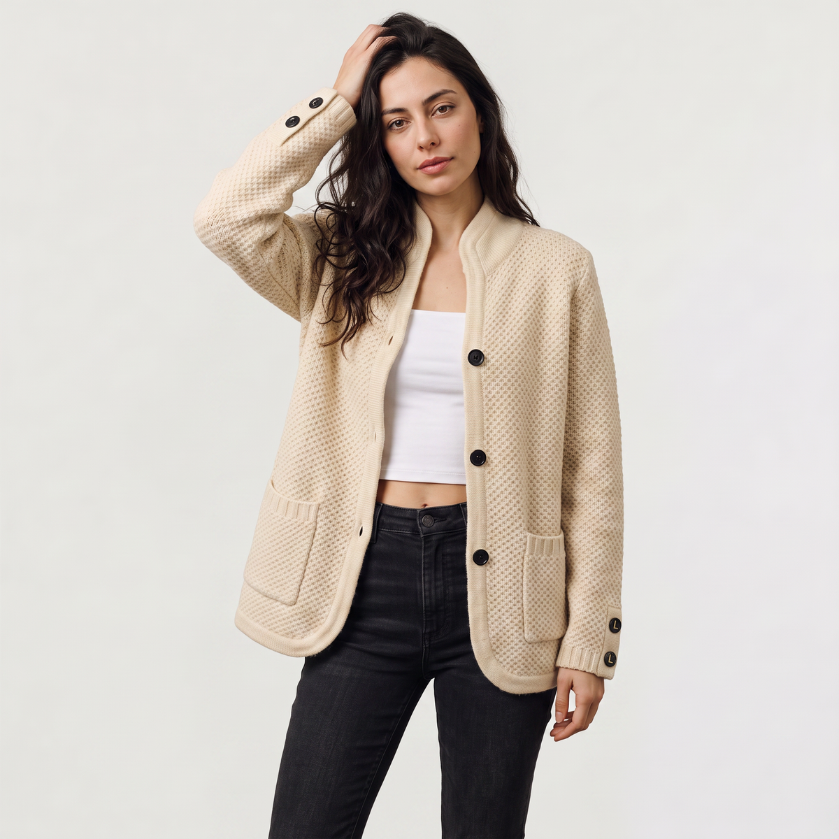 Cardigan texturé à col montant et boutons contrastés — Amielle Paris — vue 1