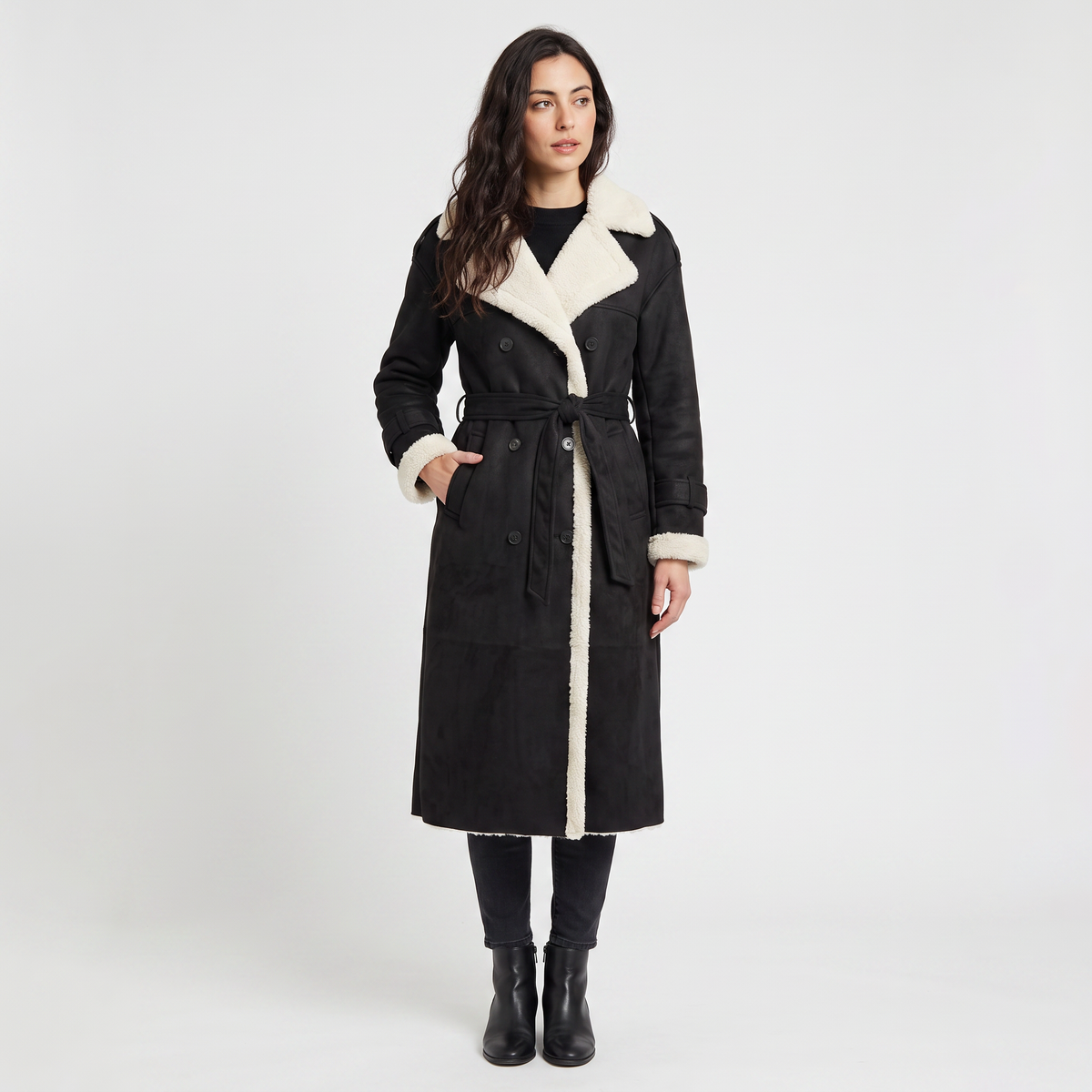 Manteau aviateur long ceinturé à bordures sherpa — Amielle Paris — vue 9