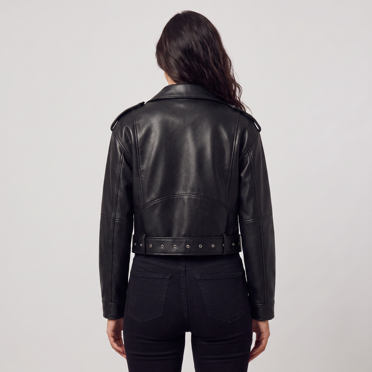 Veste biker courte à zip asymétrique et ceinture — Amielle Paris — vue 4