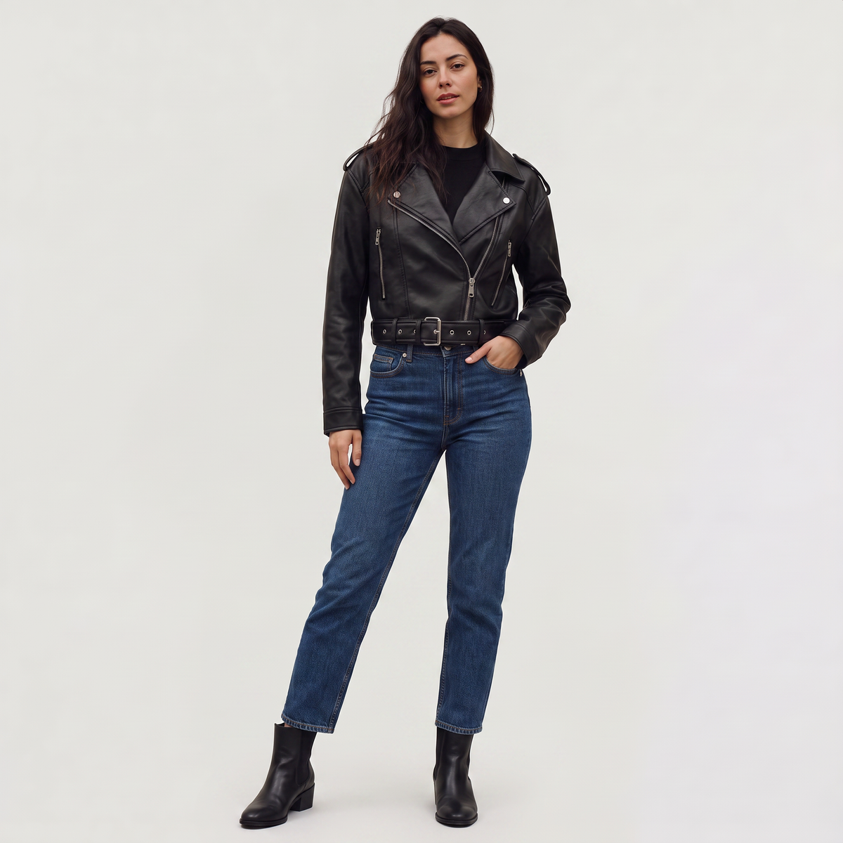 Veste biker courte à zip asymétrique et ceinture — Amielle Paris — vue 5