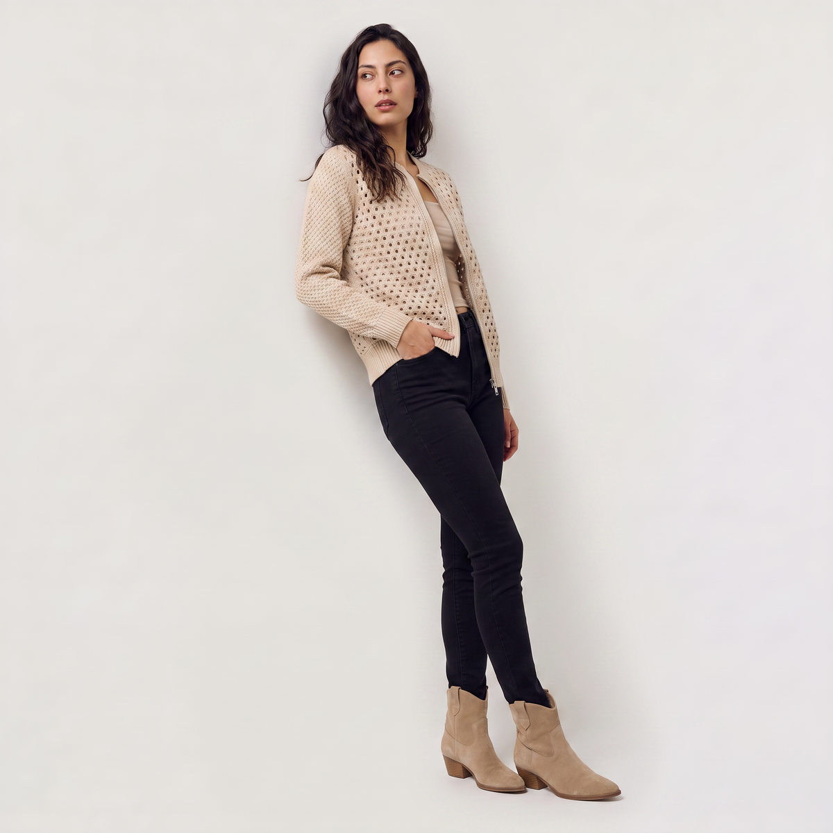 Cardigan ajouré zippé à col rond — Amielle Paris — vue 3