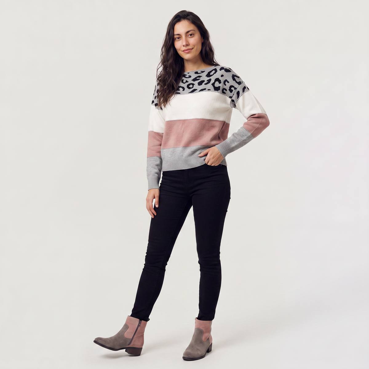 Pull à empiècement léopard et blocs de couleur — Amielle Paris — vue 3
