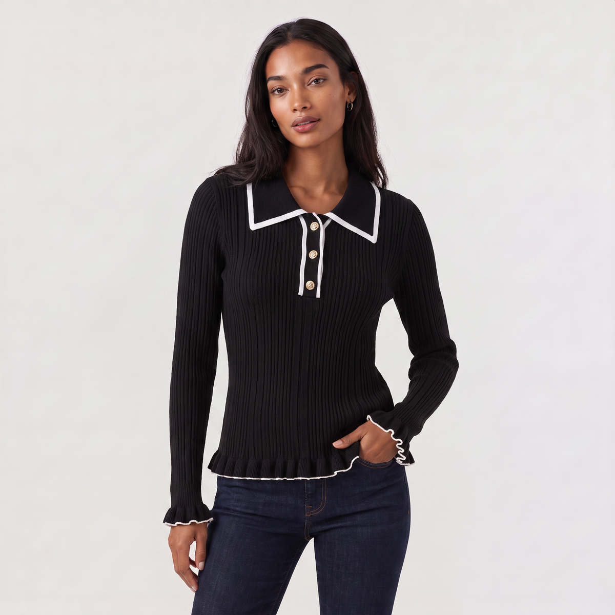 Pull polo côtelé à boutons dorés et bords volantés — Amielle Paris — vue 9