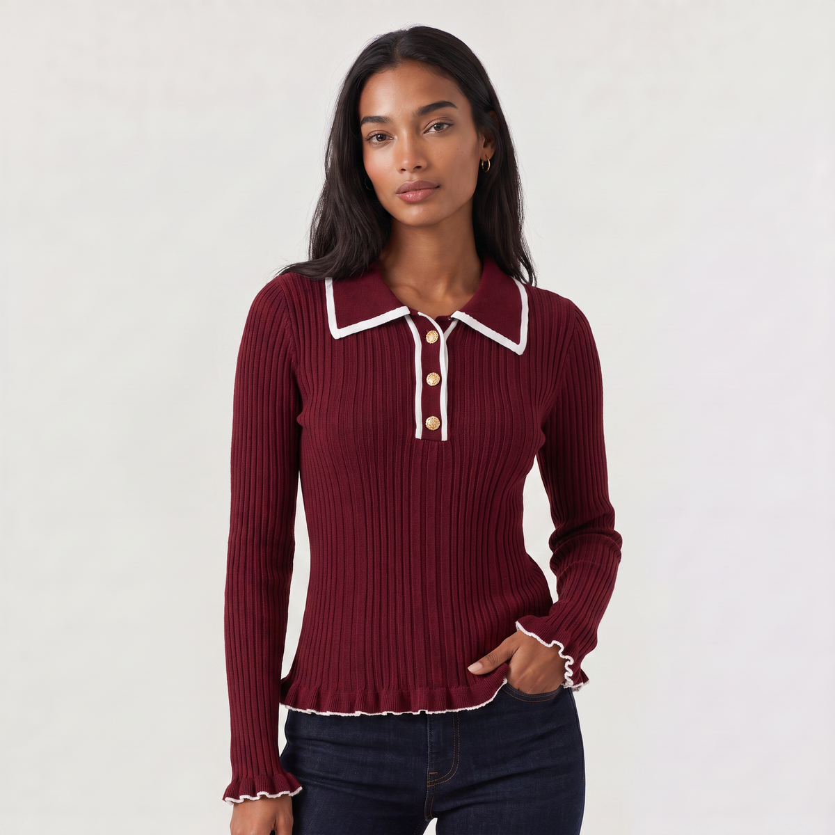 Pull polo côtelé à boutons dorés et bords volantés — Amielle Paris — vue 8