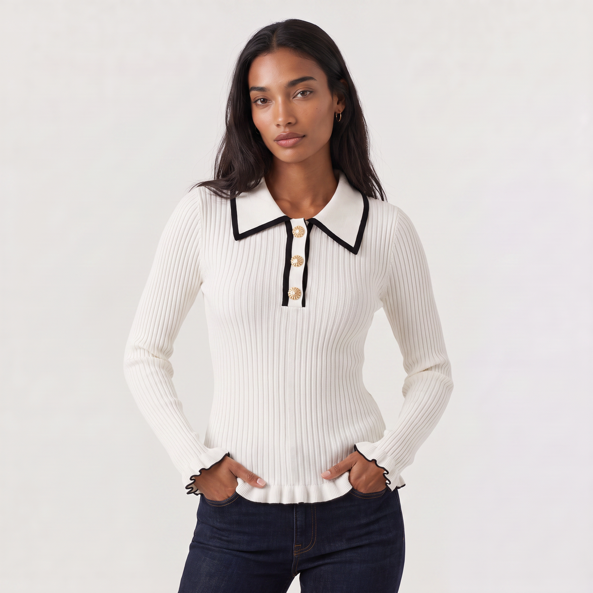Pull polo côtelé à boutons dorés et bords volantés — Amielle Paris — vue 10