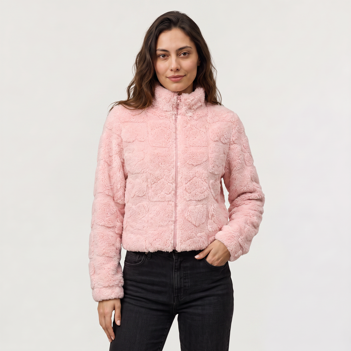Veste peluche rose à cœurs en relief et col haut — Amielle Paris — vue 1