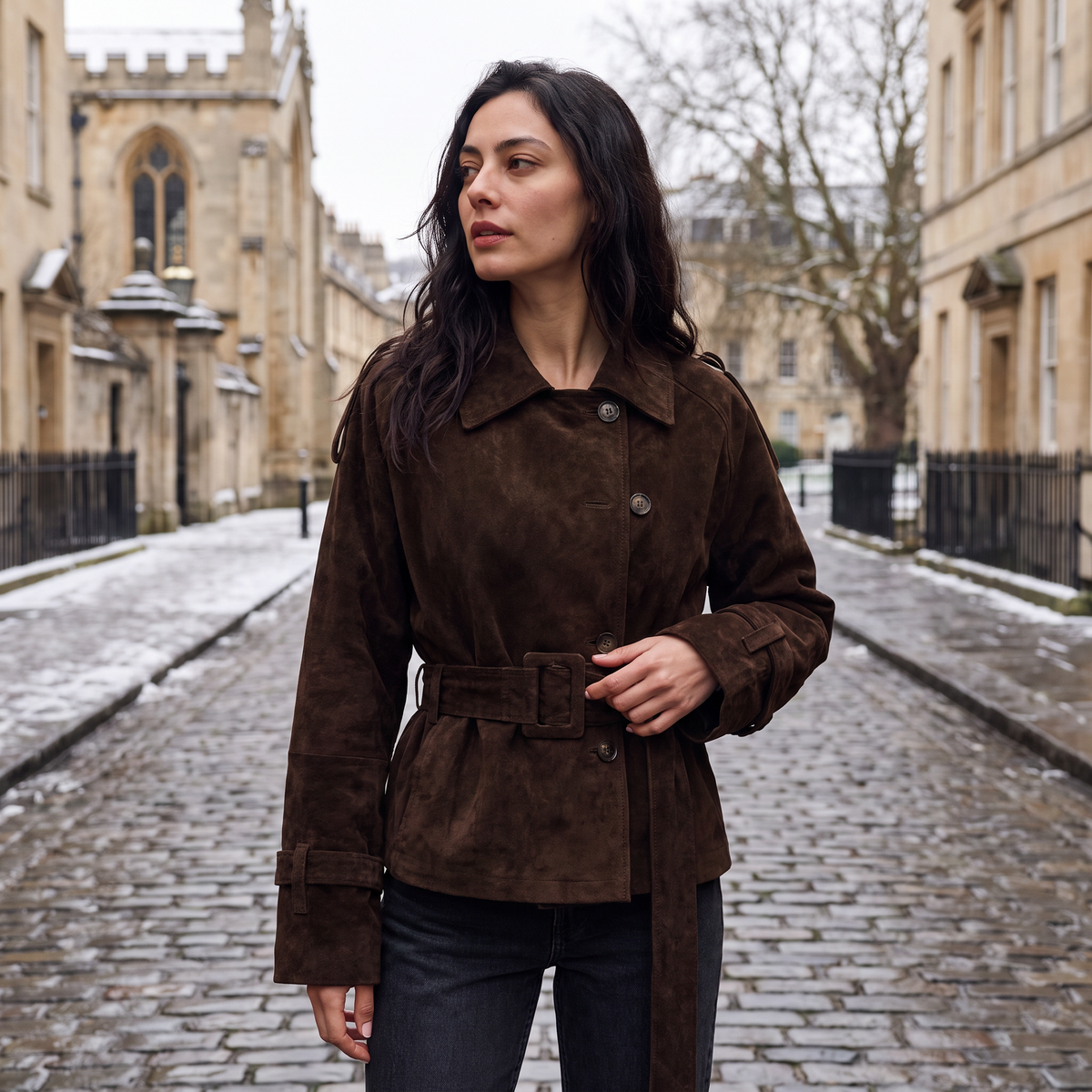 Trench court en cuir velours à ceinture — Amielle Paris — vue 2