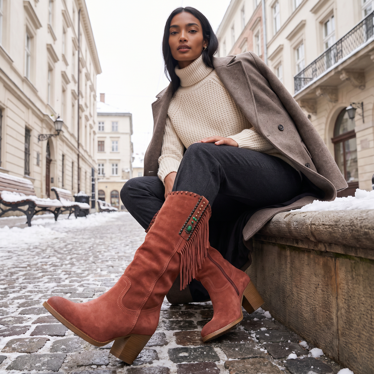 Bottes western en daim à franges et perles — Amielle Paris — vue 2