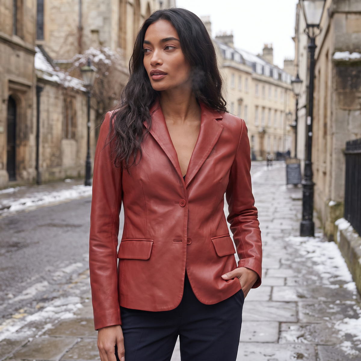 Blazer en cuir cintré à revers et bouton unique — Amielle Paris — vue 2
