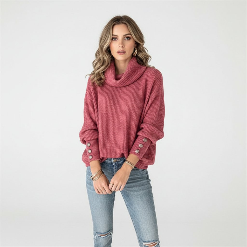 Pull côtelé à col roulé et manches boutonnées — Amielle Paris