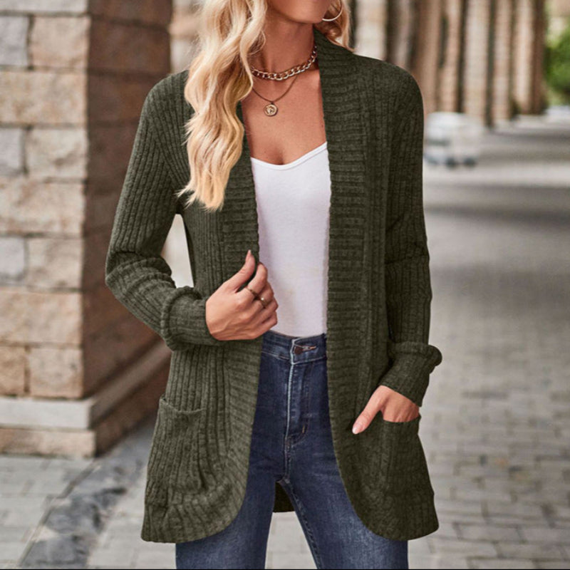 Gilet mi-long ouvert en maille côtelée — Amielle Paris