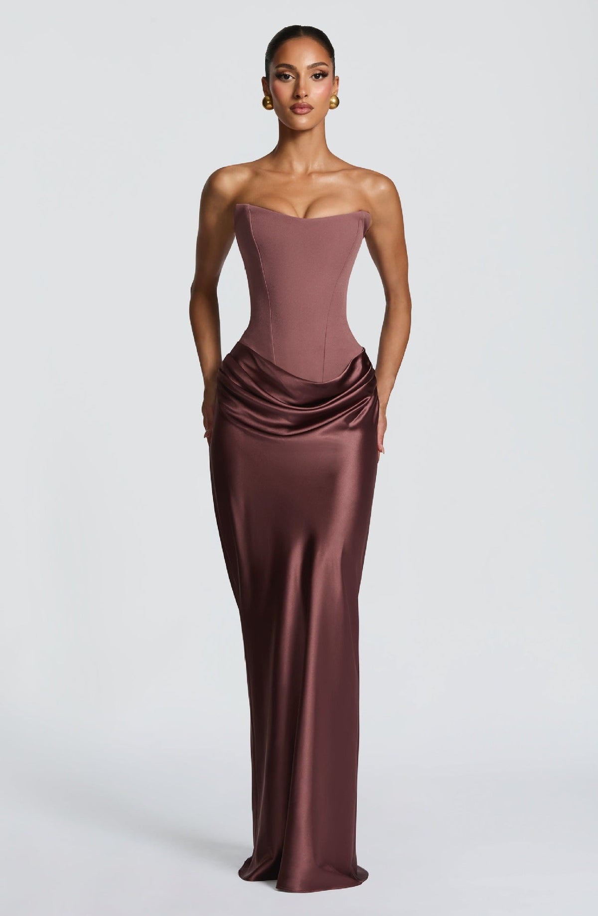 Naëlle — Robe longue bustier satinée et drapée — Amielle Paris