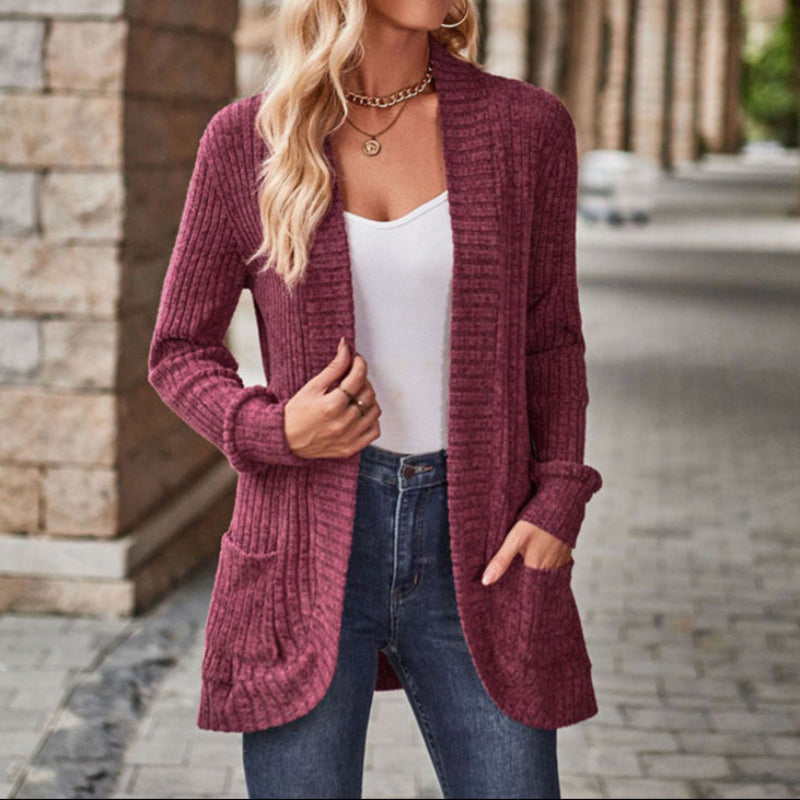 Gilet mi-long ouvert en maille côtelée — Amielle Paris