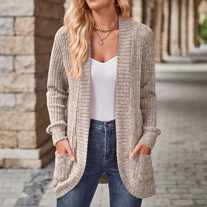 Gilet mi-long ouvert en maille côtelée — Amielle Paris
