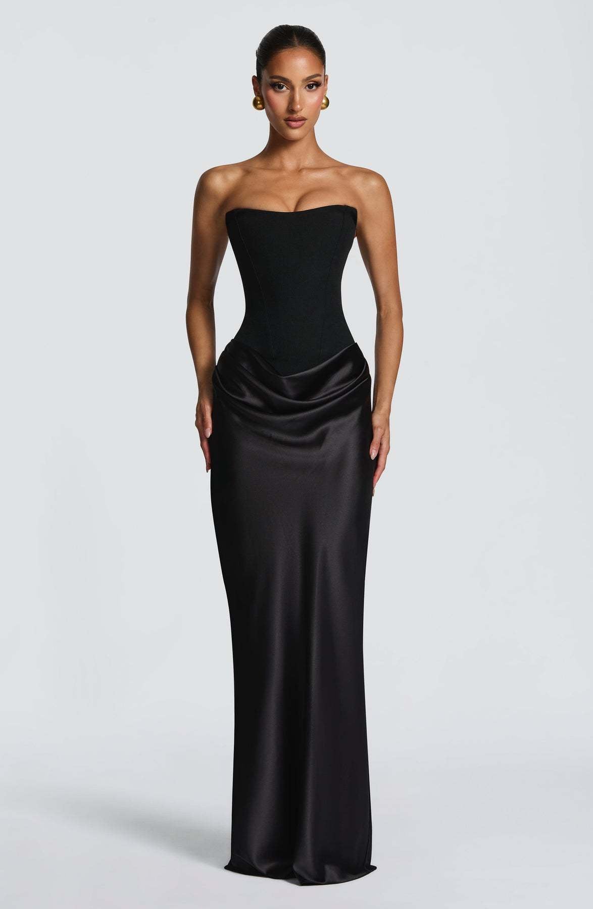 Naëlle — Robe longue bustier satinée et drapée — Amielle Paris