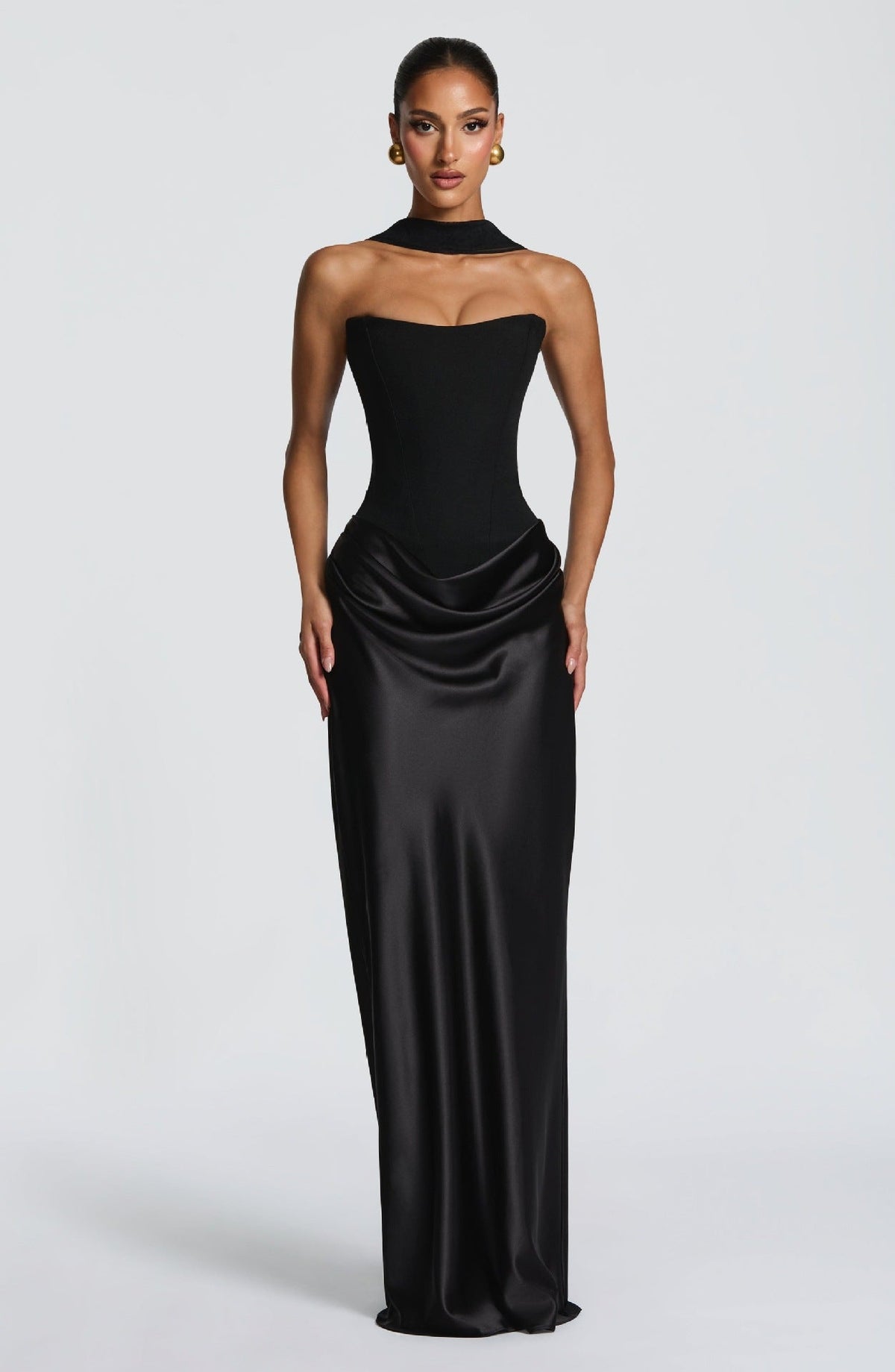Naëlle — Robe longue bustier satinée et drapée — Amielle Paris