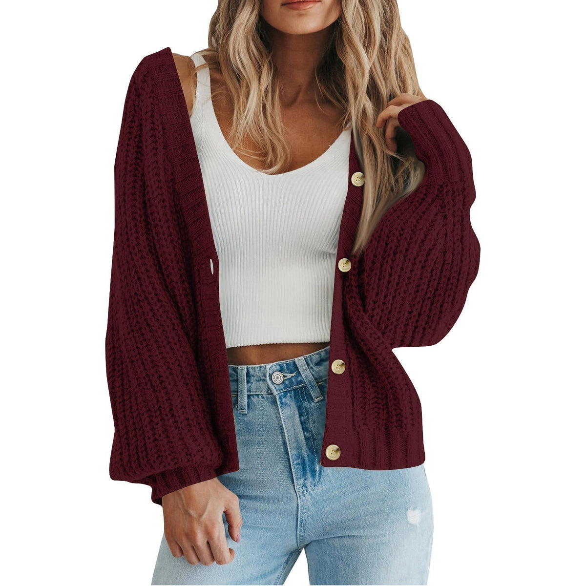 Gilet en grosse maille gaufrée à col V — Amielle Paris