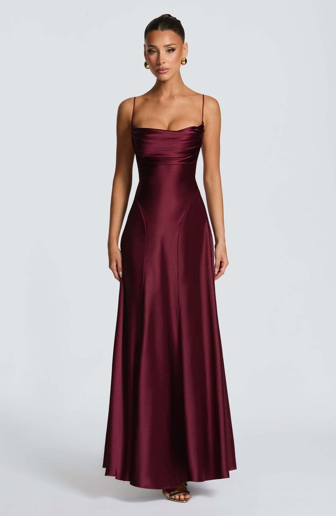 Mireille — Robe longue satinée à col bénitier — Amielle Paris