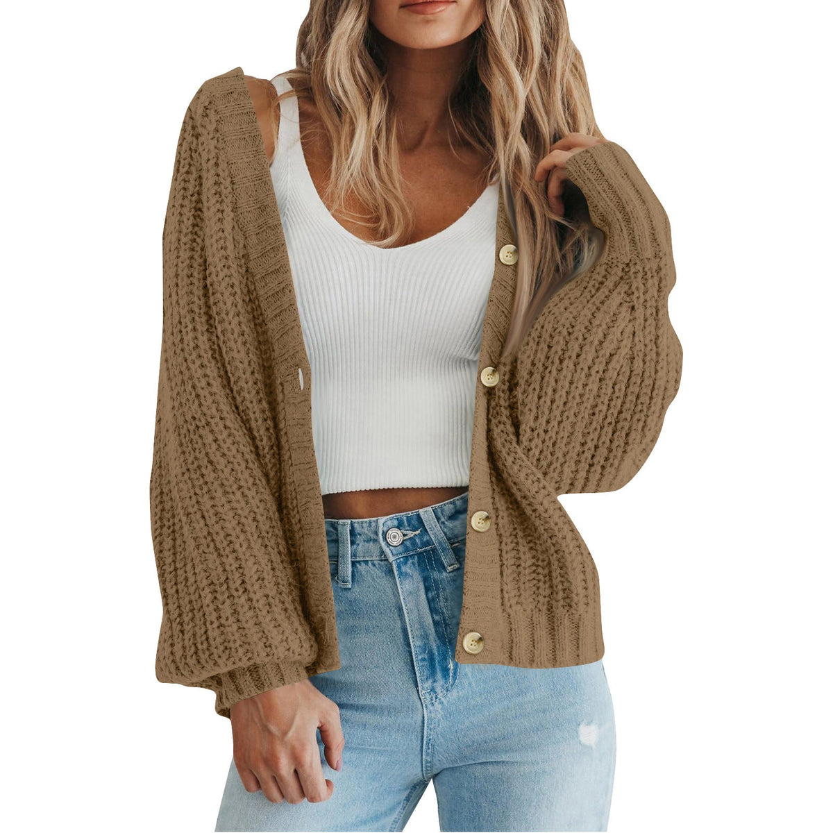 Gilet en grosse maille gaufrée à col V — Amielle Paris