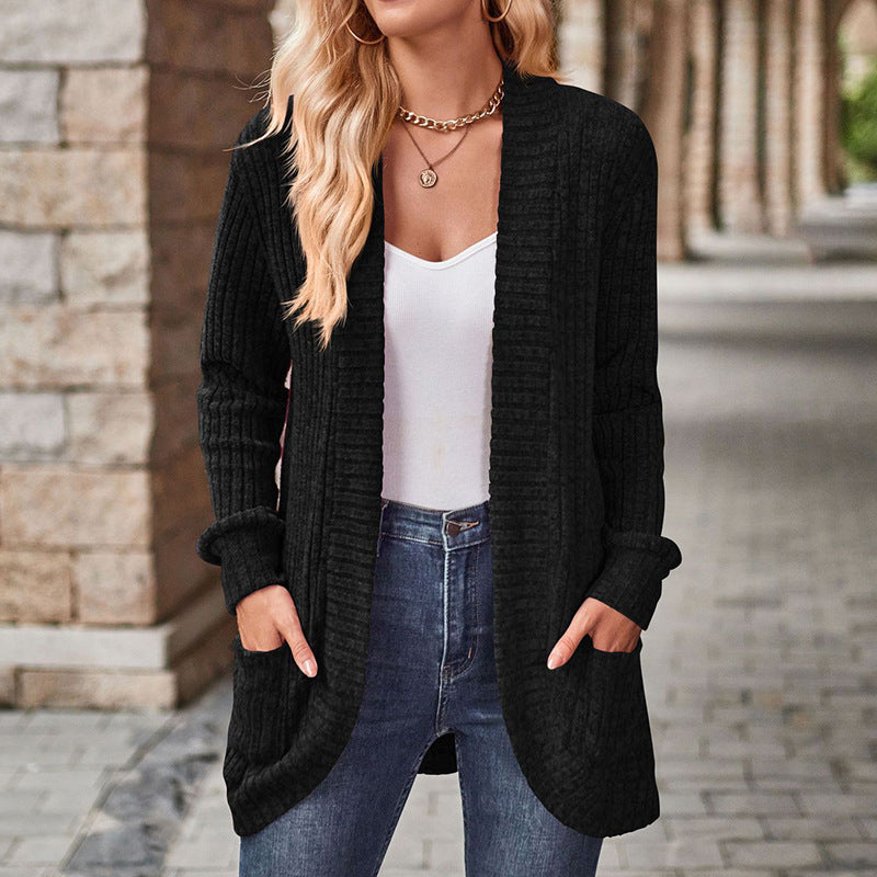 Gilet mi-long ouvert en maille côtelée — Amielle Paris
