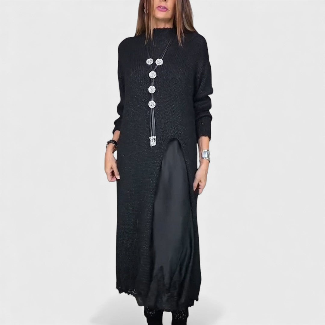 Zoe — Robe longue en maille à effet superposé — Amielle Paris