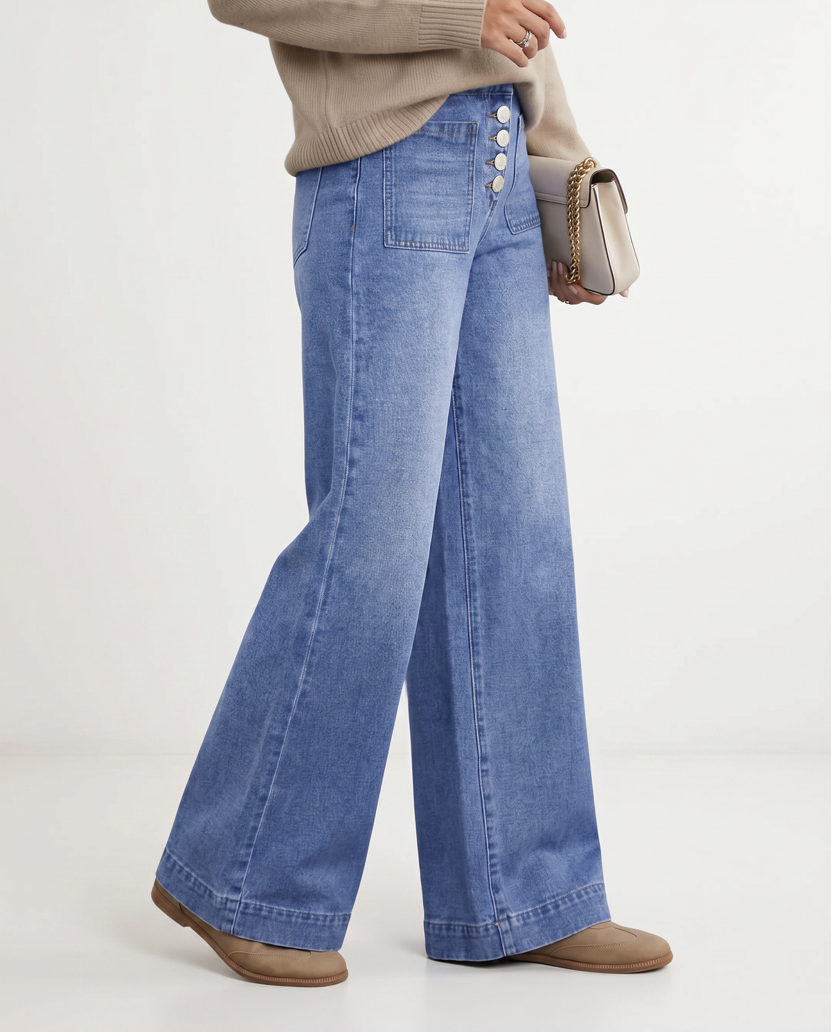 Jean large taille haute à boutons — Amielle Paris