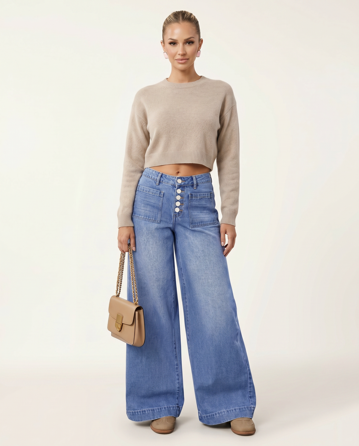 Jean large taille haute à boutons — Amielle Paris