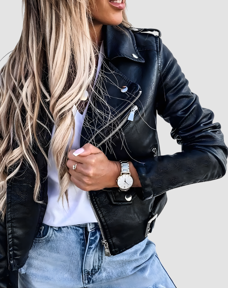 Veste de motard ceinturée à revers crantés — Amielle Paris