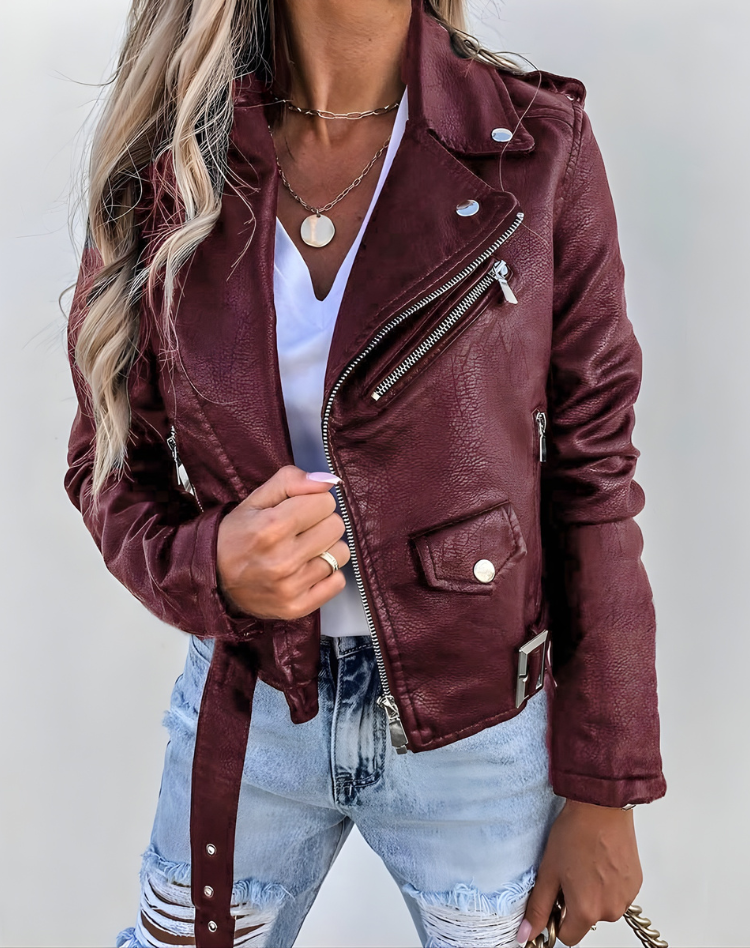 Veste de motard ceinturée à revers crantés — Amielle Paris