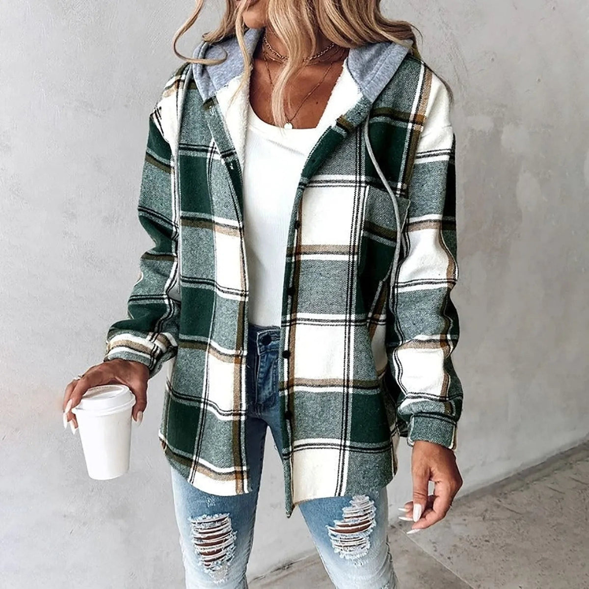 Riley — Veste à carreaux boutonnée à capuche — Amielle Paris