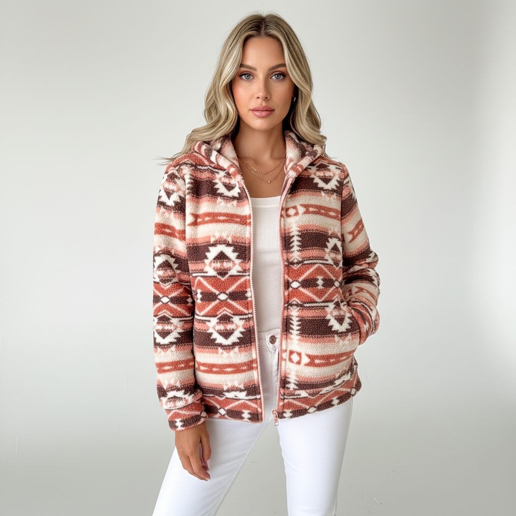 Nadia — Gilet boutonné à motifs géométriques — Amielle Paris