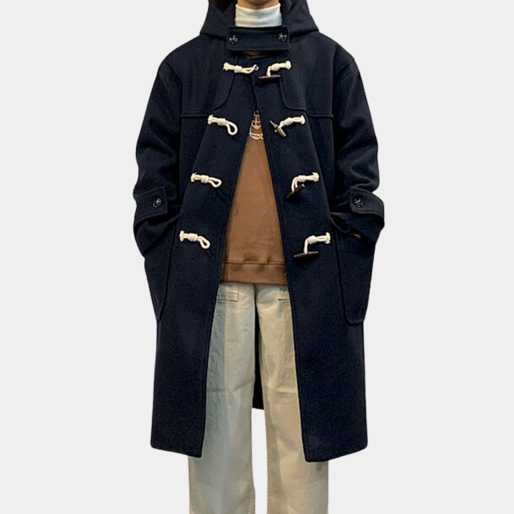 Talia — Manteau long à capuche et brandebourgs — Amielle Paris