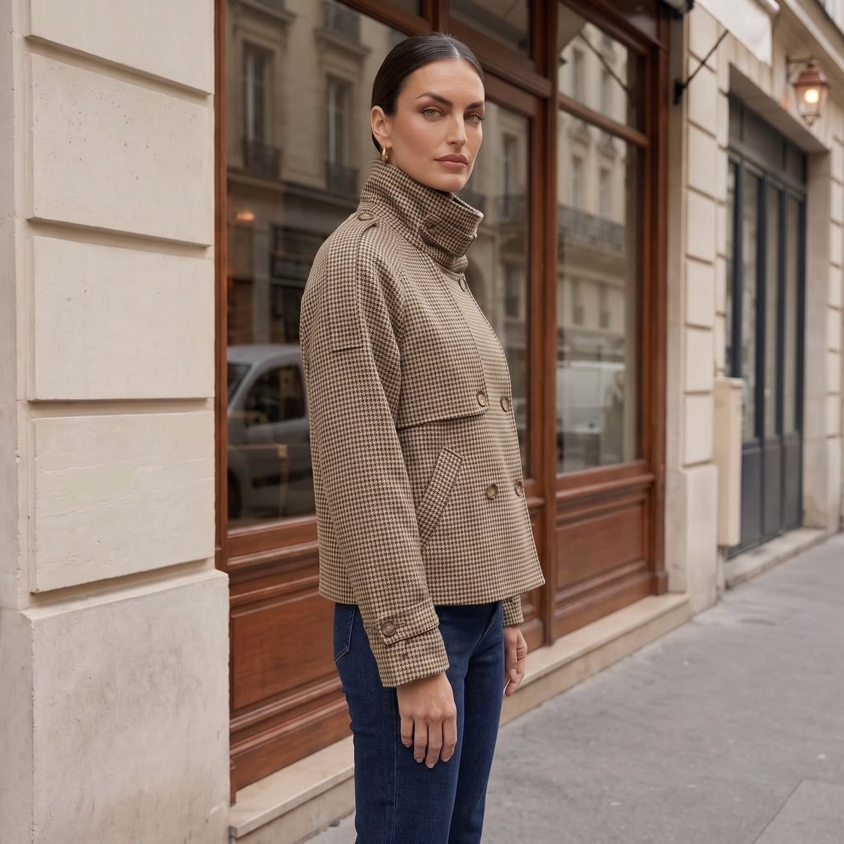 Veste courte pied-de-poule à col montant — vue 3