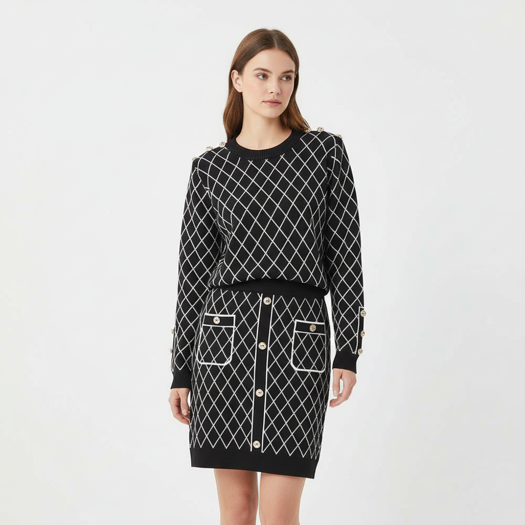 Diana — Ensemble pull et minijupe à losanges — Amielle Paris