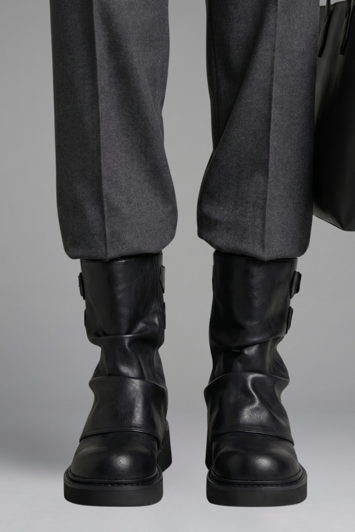 Bottines de motard à boucles et talon épais — Amielle Paris