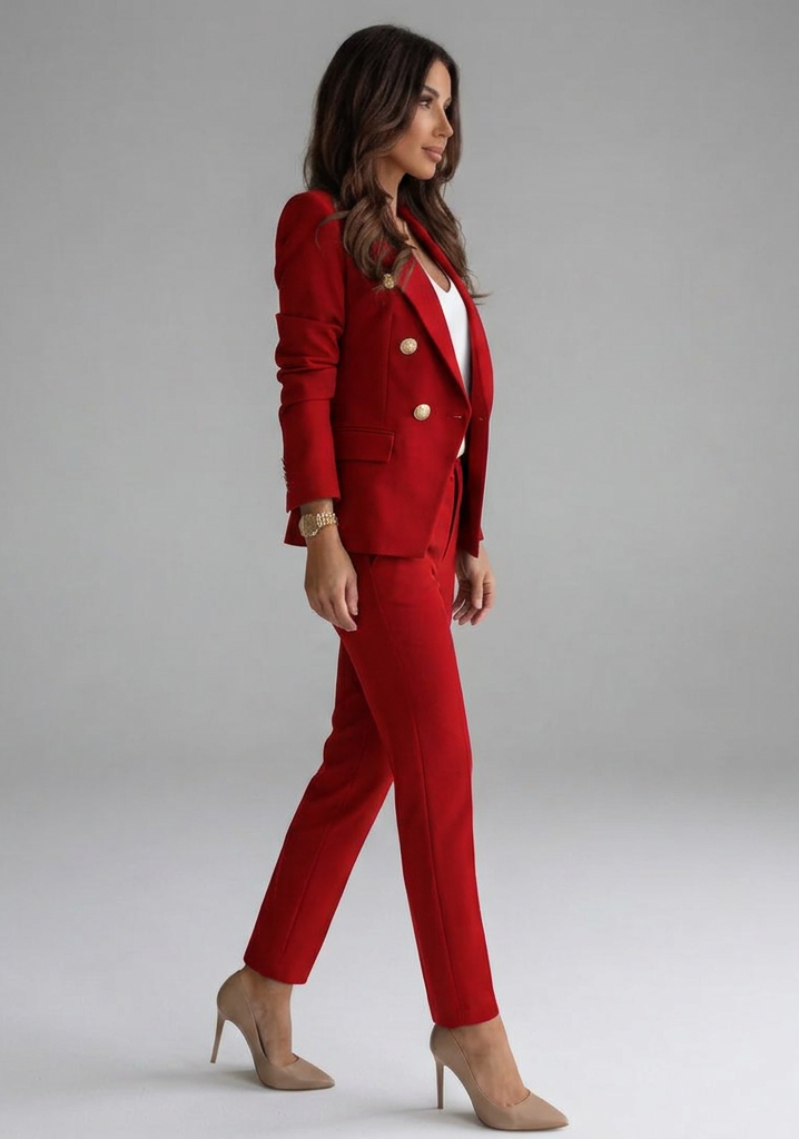 Tailleur pantalon à veste croisée et boutons dorés — Amielle Paris