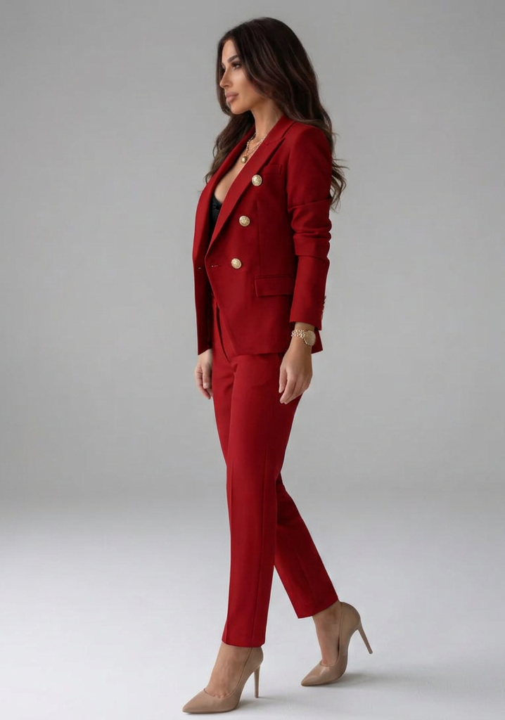 Tailleur pantalon à veste croisée et boutons dorés — Amielle Paris