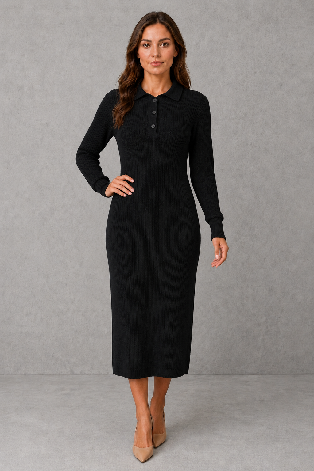 Robe pull midi à col polo boutonné — Amielle Paris