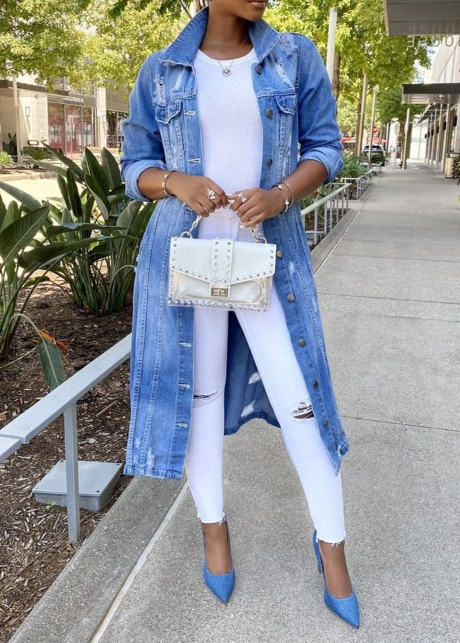 Veste longue ample en jean boutonnée — Amielle Paris