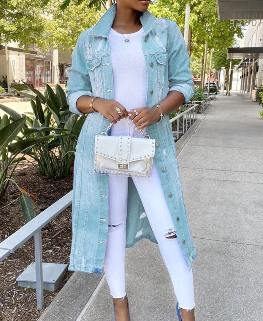 Veste longue ample en jean boutonnée — Amielle Paris