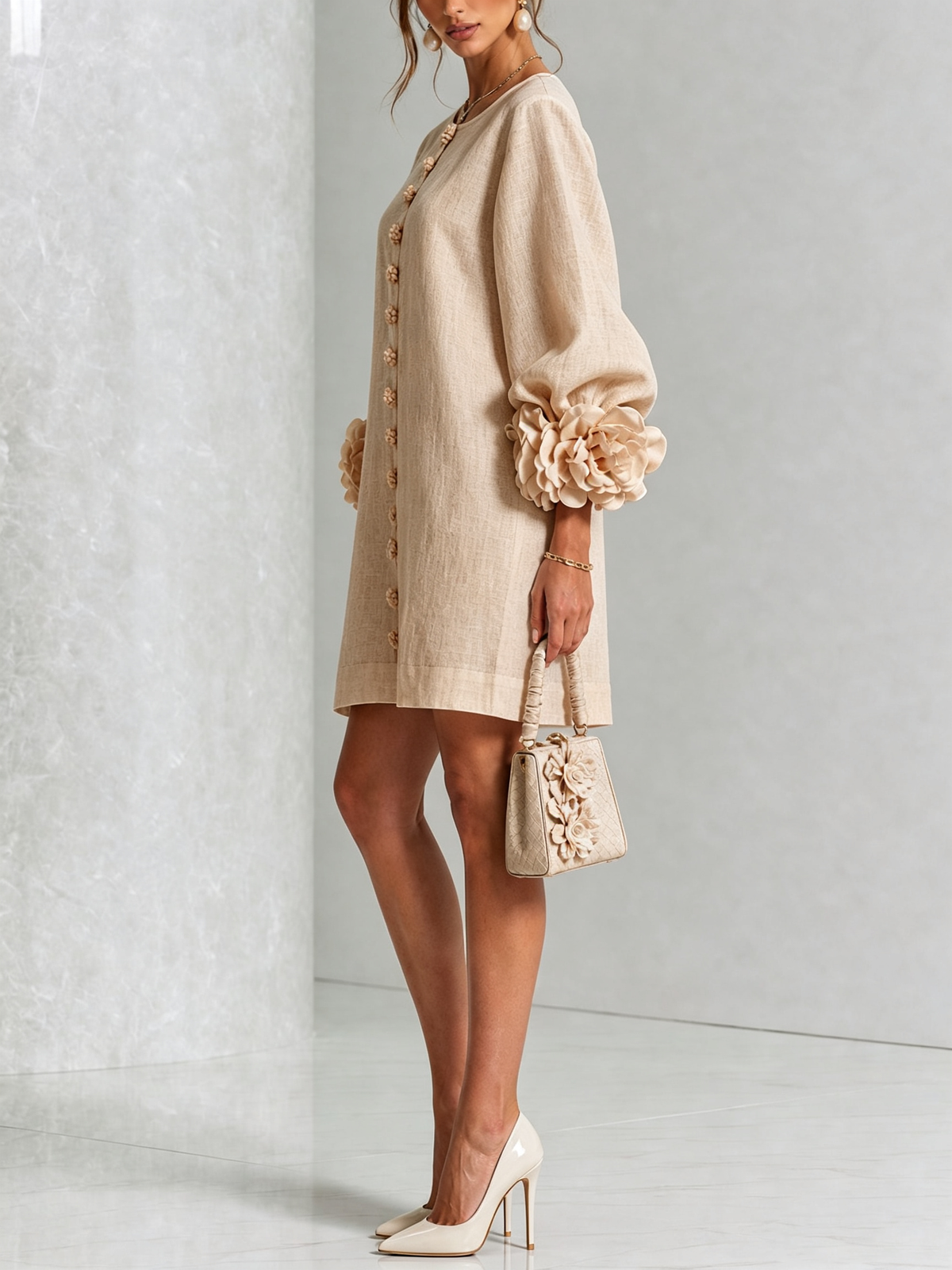 Lilith — Robe courte beige, poignets fleuris — vue 2