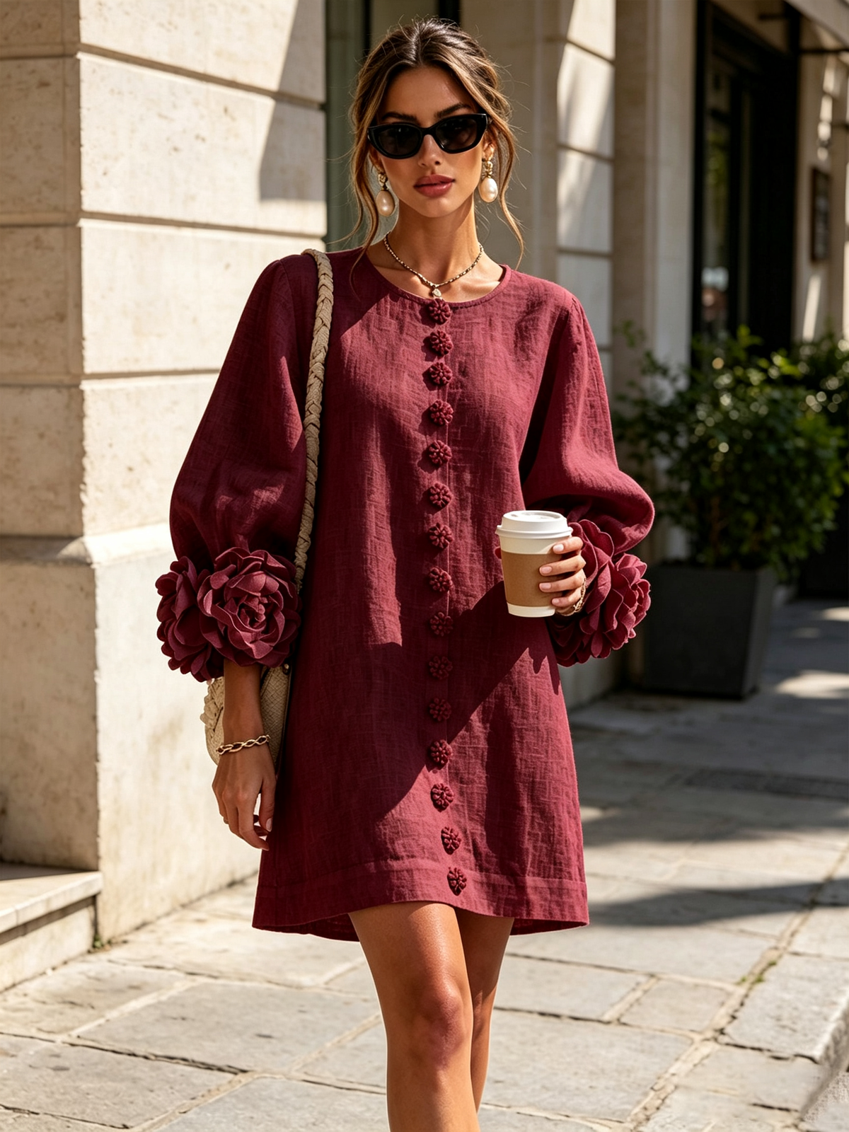 Alaina — Robe bordeaux à poignets fleuris — vue 4