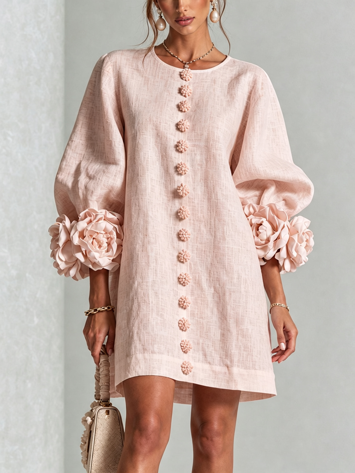 Aspenley — Robe rose à poignets fleuris — vue principale
