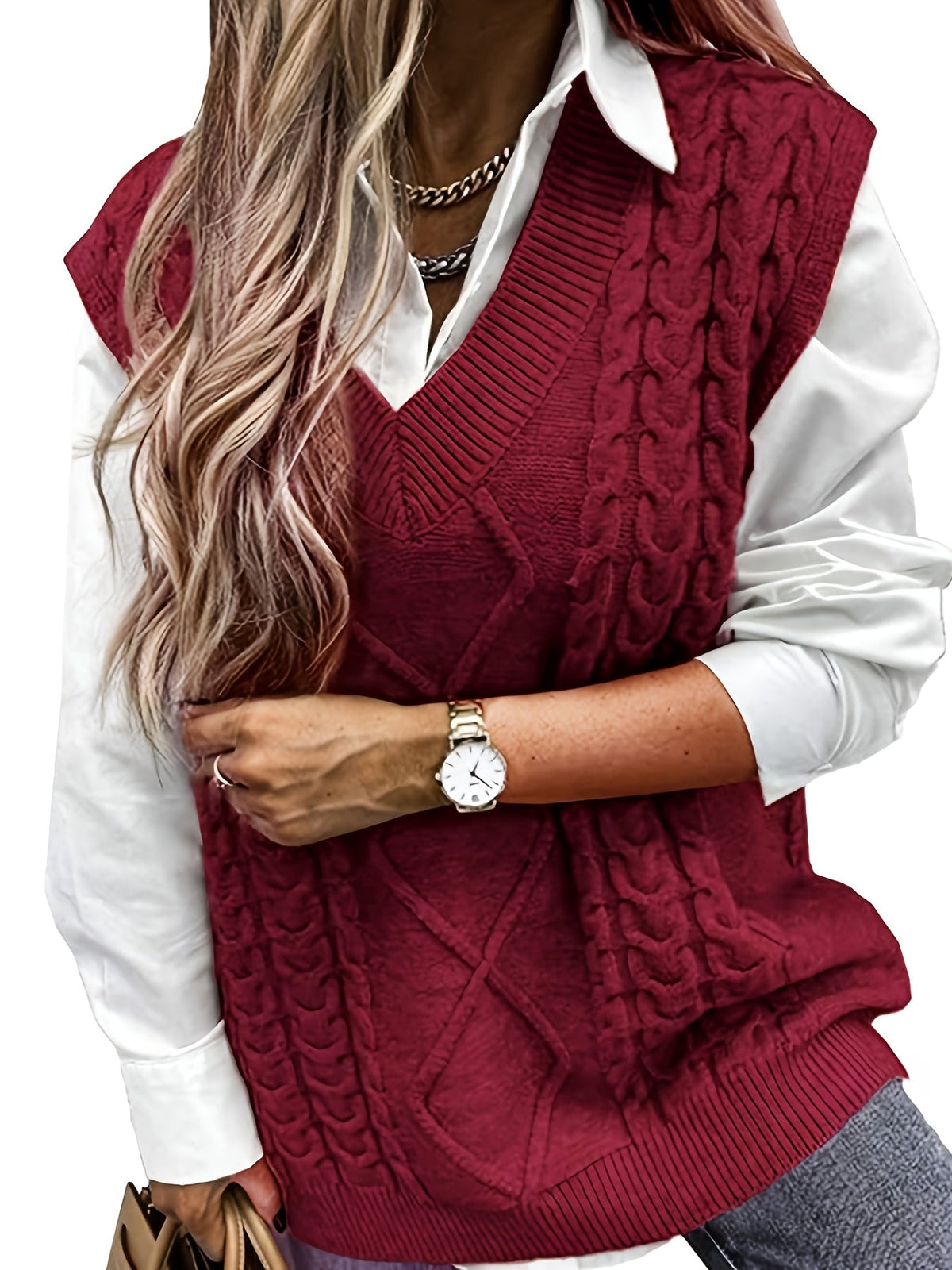 Pull sans manches ample à torsades et col V — Amielle Paris
