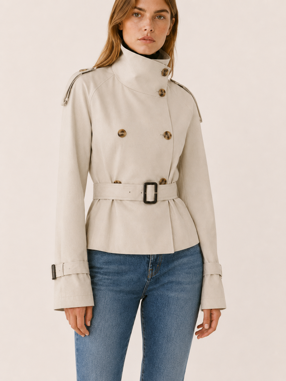 Trench court croisé à col haut et ceinture — Amielle Paris