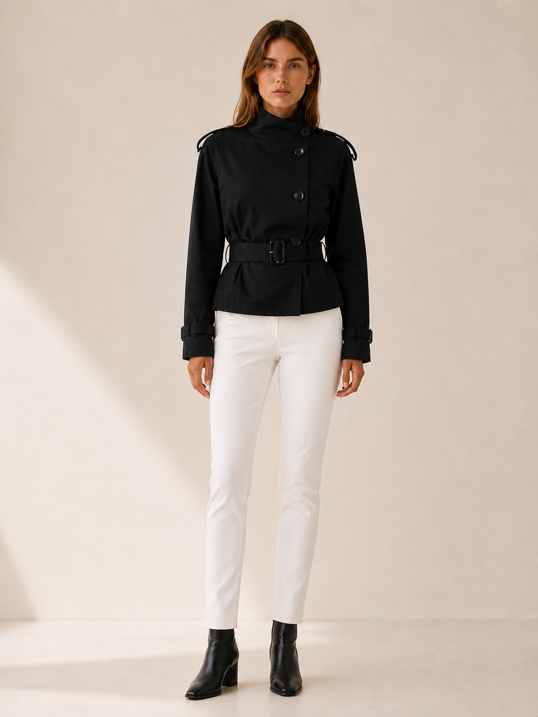 Trench court croisé à col haut et ceinture — Amielle Paris