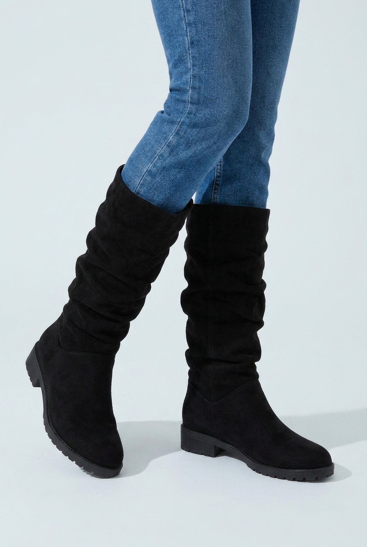 Bottes hautes effet daim à talon bas
